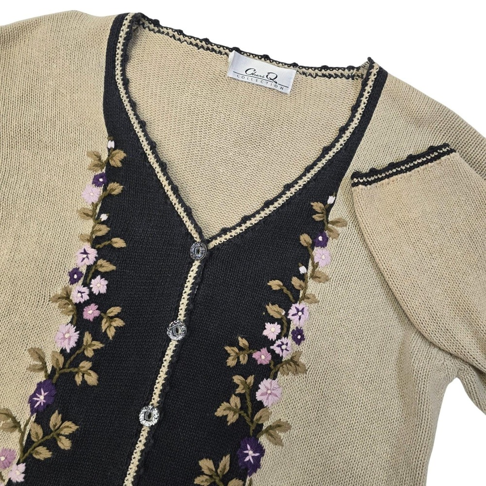 Cheri Q Collection Floral Embroidered Knit Cardigan Sweater Womens M Vintage 90s